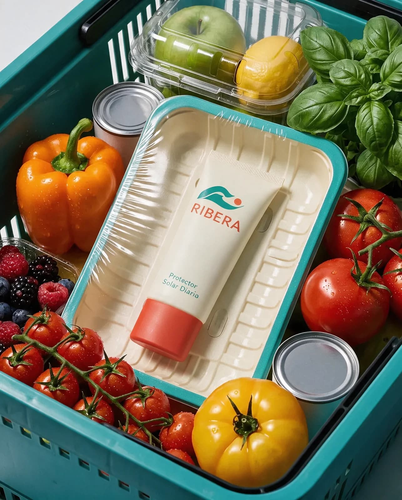 Bandeja de tomates en cesta de la compra